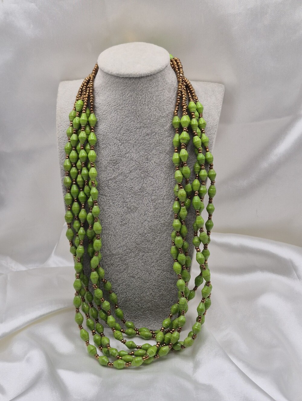 Handcrafted Green Recycled Paper Beads. 2 Multi-Strand Beaded Necklaces
